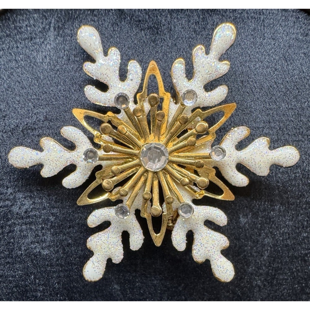 Vintage‎ Glitter Enamel Snowflake Brooch Gold Tone Rhinestone Winter Holiday Pin